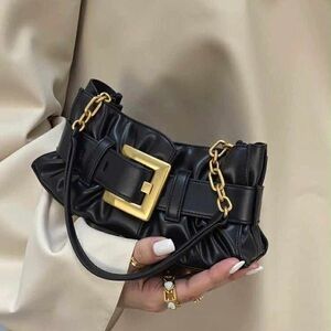 Black Smooth Leather Bag with Gold Chain